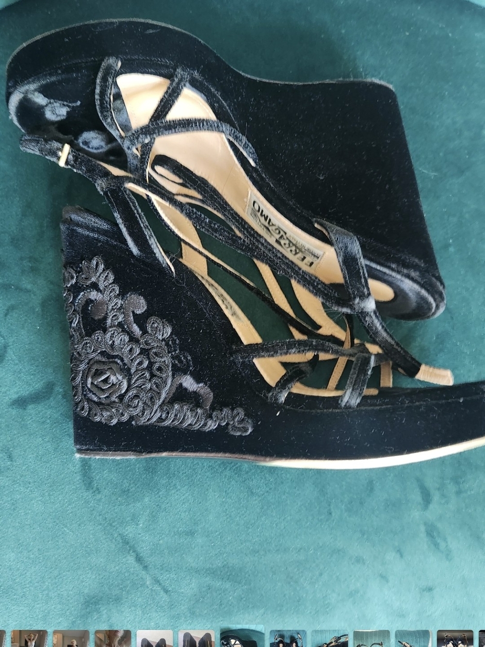 Salvatore Ferragamo Black Velvet Strappy Wedge Sandals - Picture 3 of 12
